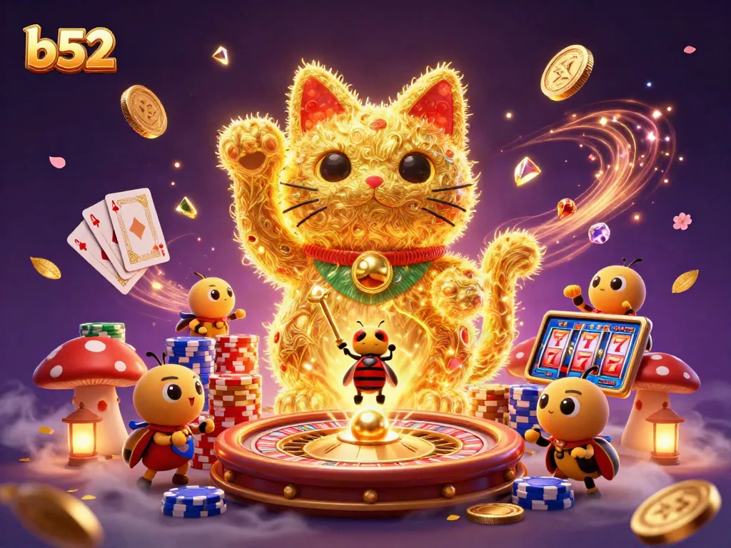 Experience thrilling b52 casino action with a giant lucky cat and dynamic gaming symbols.