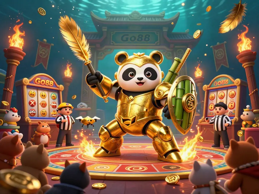 Engage with Go88's thrilling slot games in an action-packed casino arena dominated by a mech-suit panda and vibrant visuals.