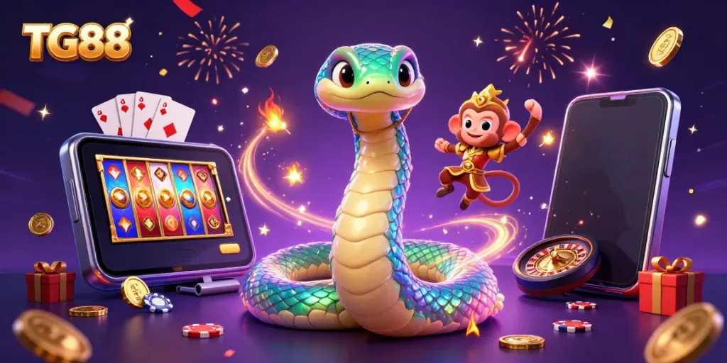 Engage with TG88's vibrant casino world featuring lively characters and game elements.