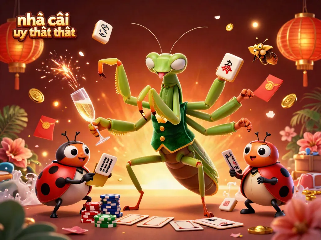 Engaging illustration showcasing nhà cái uy tín nhất with a giant praying mantis card sharp and vibrant casino elements.