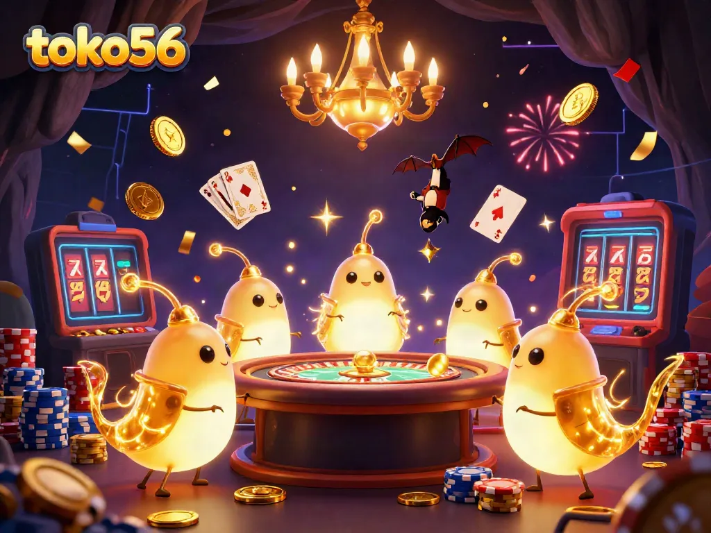 Engage with toko56 at a vibrant online casino scene illuminated by glowworms, with festive casino elements.