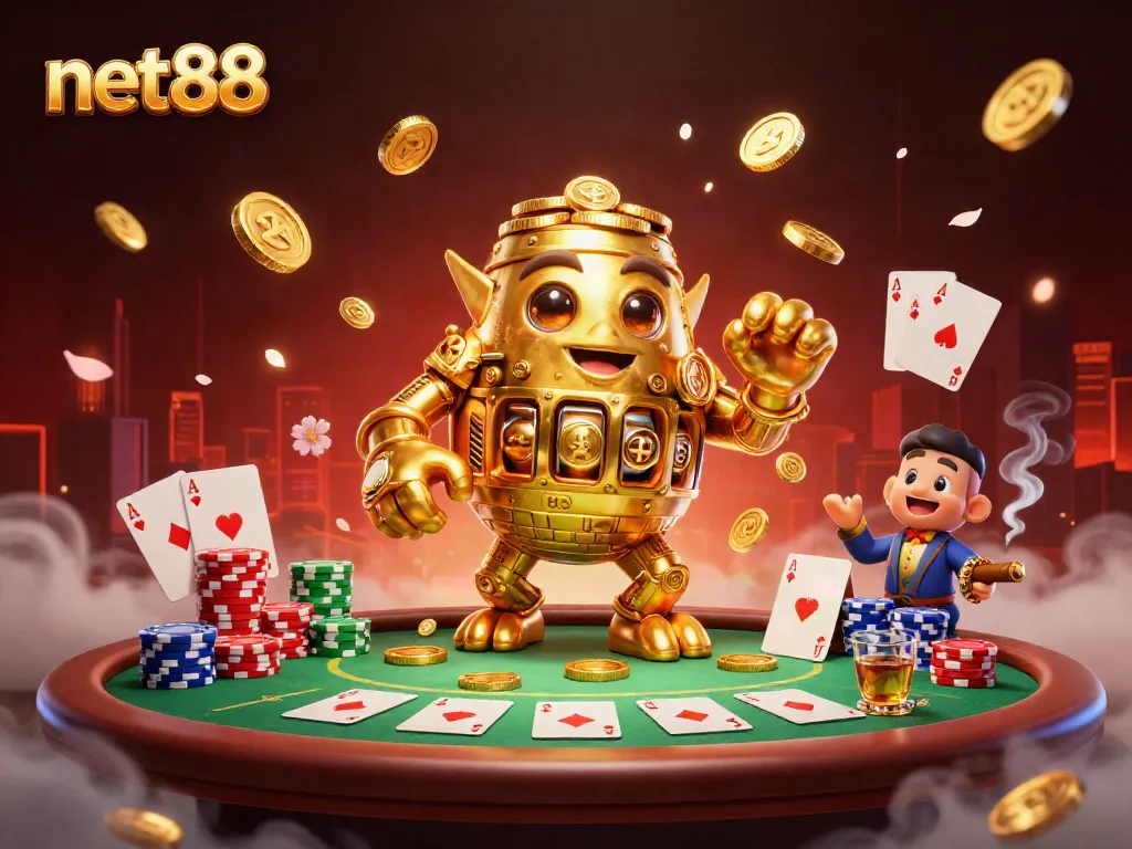 Engage in gambling excitement with net88's vibrant 3D illustration featuring a golden golem and poker elements.