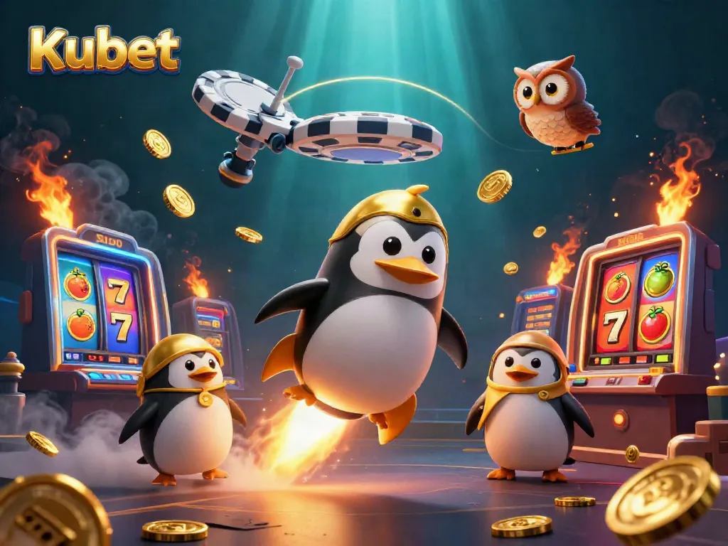Kubet offers thrilling casino adventures with a dazzling golden penguin and colorful slot reels in a vibrant cosmic scene.