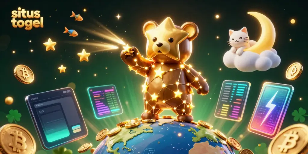 Experience the thrill of situs togel with our vibrant 3D digital illustration showcasing cosmic characters and cryptocurrencies.