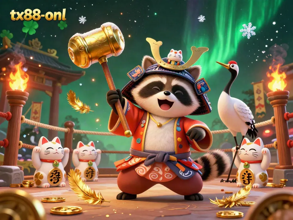 Experience gaming luck with the vibrant tx88-onl scene featuring a cheerful tanuki, golden coins, and lucky symbols.