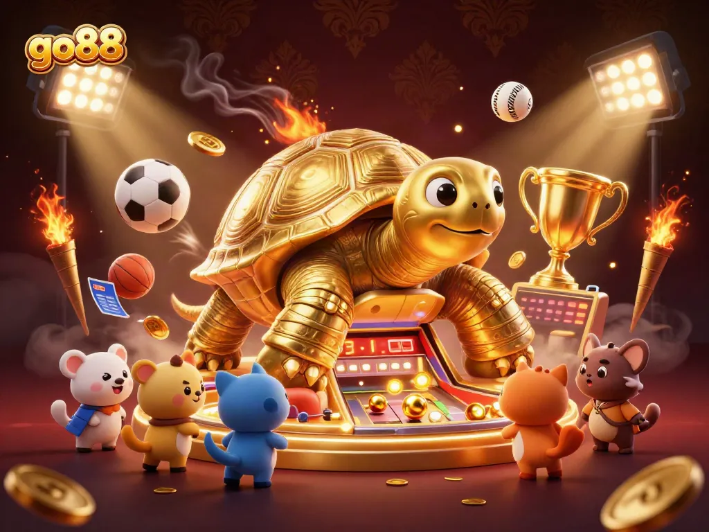 Experience exciting games at go88 featuring a golden tortoise pinball machine in a bustling casino scene.