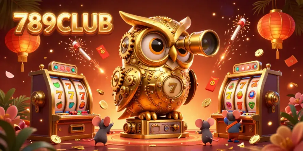 Engage with exciting gameplay at 789CLUB with vibrant golden owl and slot machines, offering a thrilling casino experience.