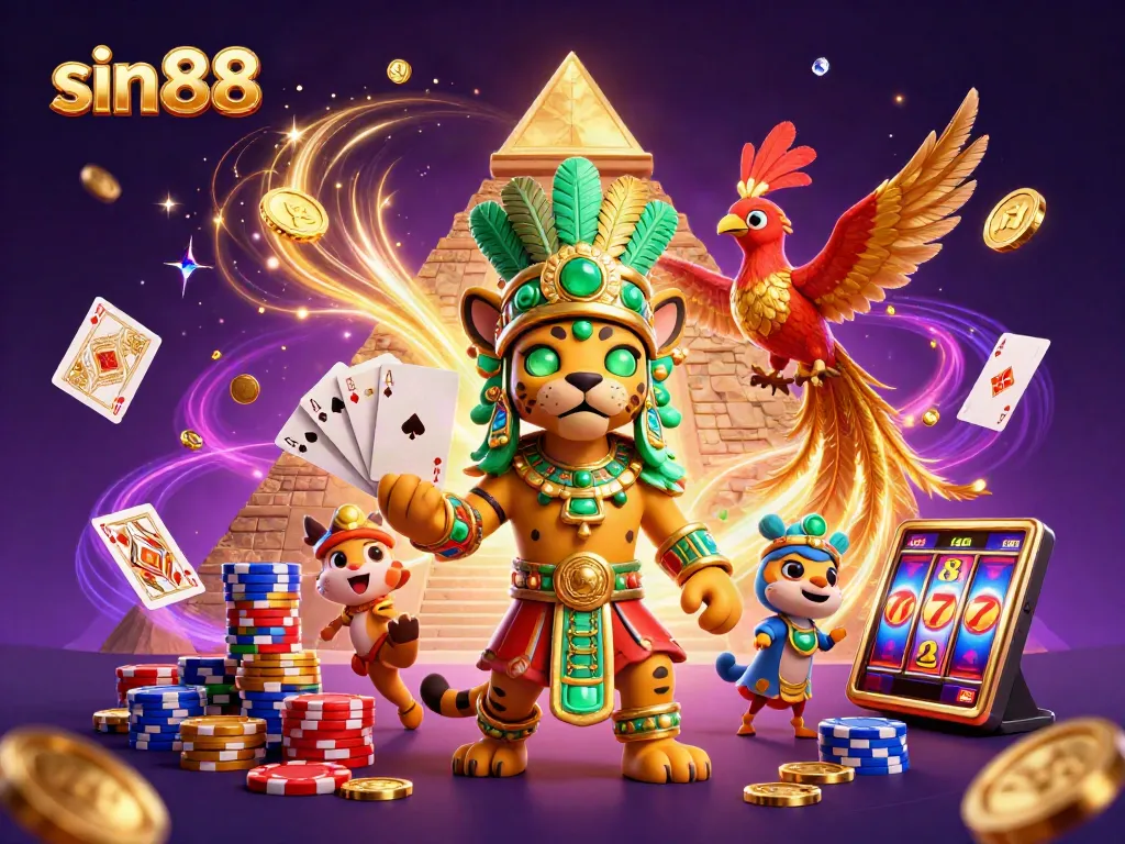 Engage with sin88's thrilling casino atmosphere through this vivid 3D illustration featuring vibrant characters and dynamic game elements.