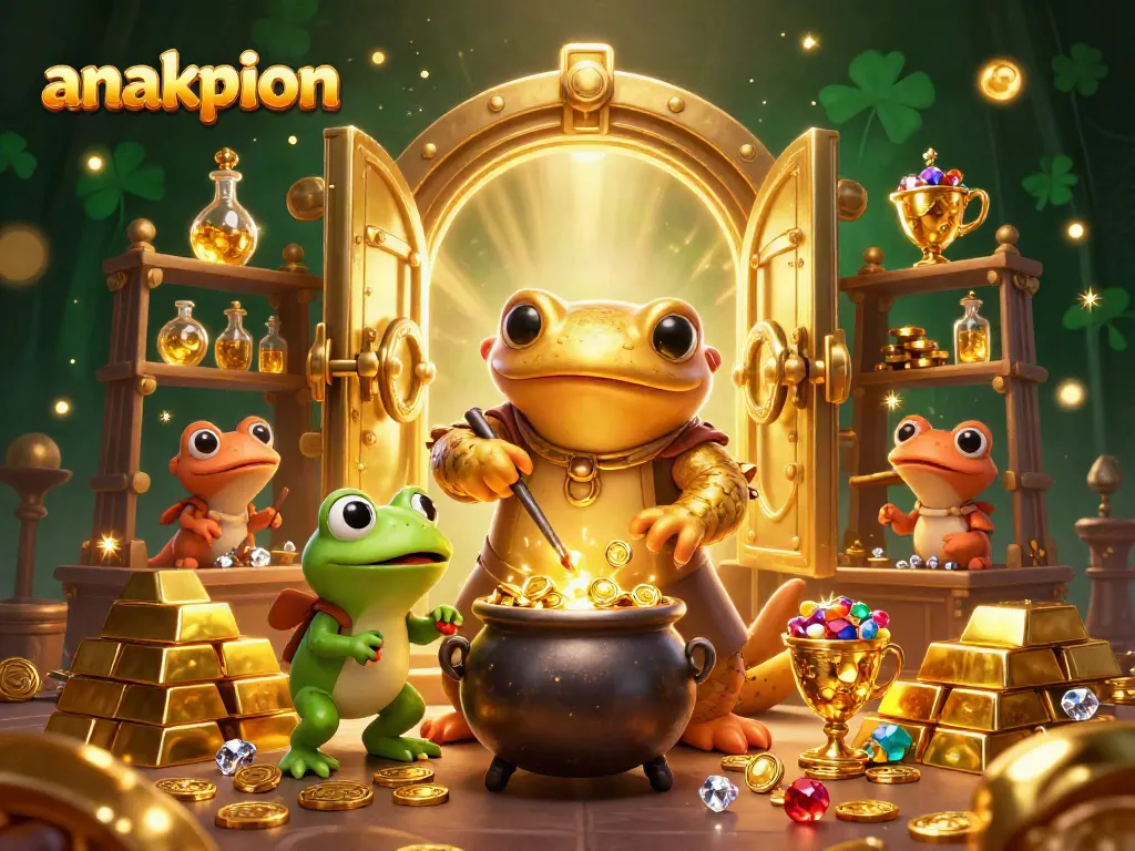 Anakpion presents a magical scene with a golden salamander alchemist and a frog stirring liquid gold in a vibrant casino setting.