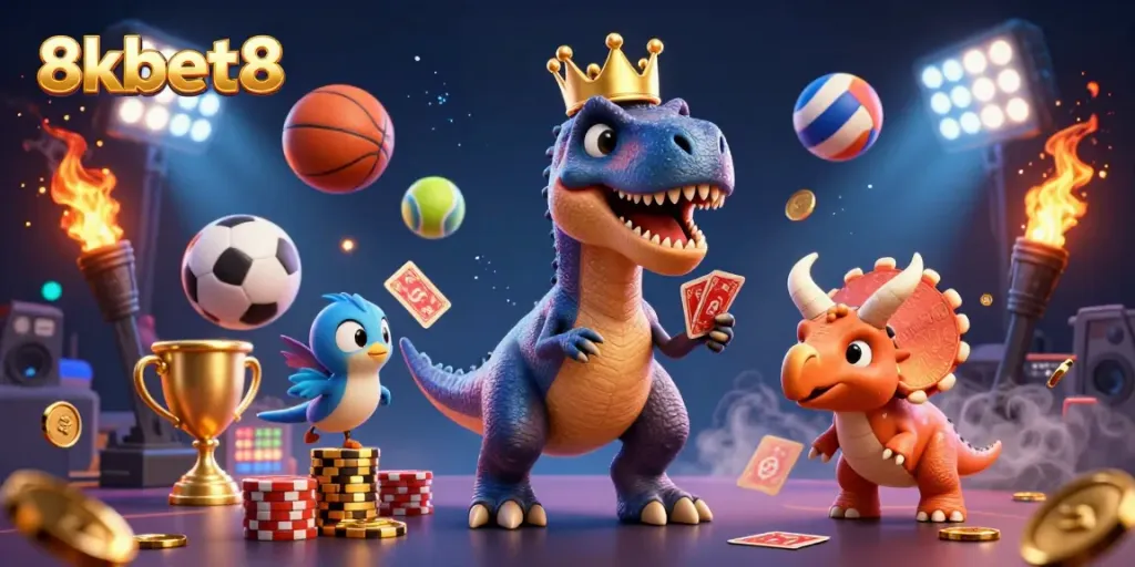 Engage with 8xbet8's casino fun featuring a T-Rex shuffling cards while a triceratops stacks chips.
