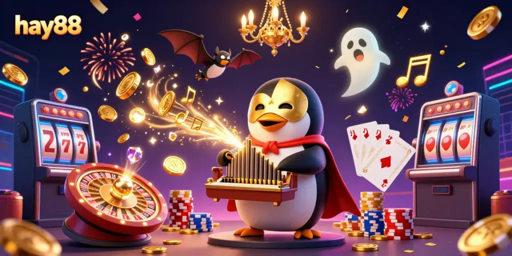Experience the excitement at hay88 with a dynamic scene of casino games, coins, and animated characters.