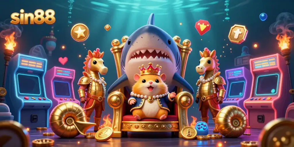 Experience thrilling gameplay at sin88 with a golden hamster king and seahorse guards in a vibrant casino scene.