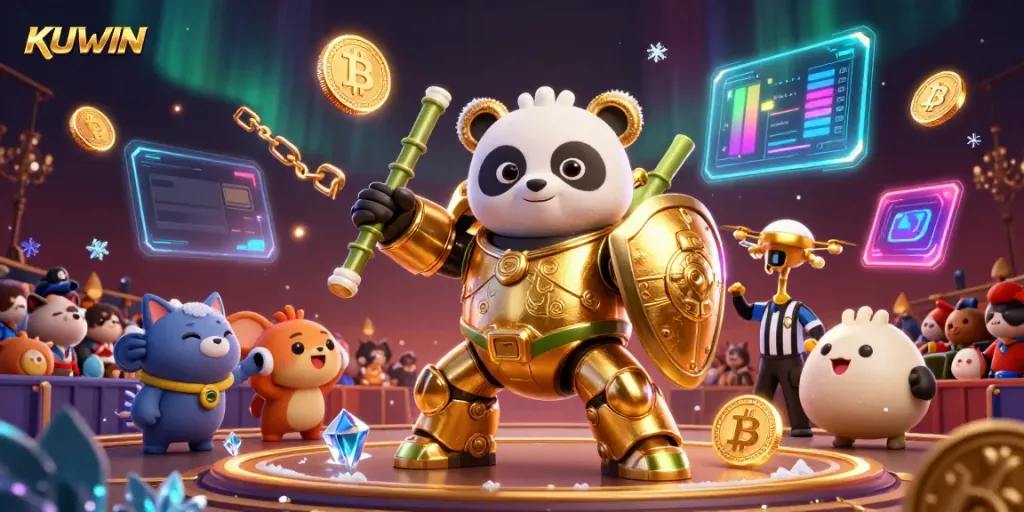 KUWIN's dynamic mech-suit panda battles in a colorful crypto-themed casino arena.