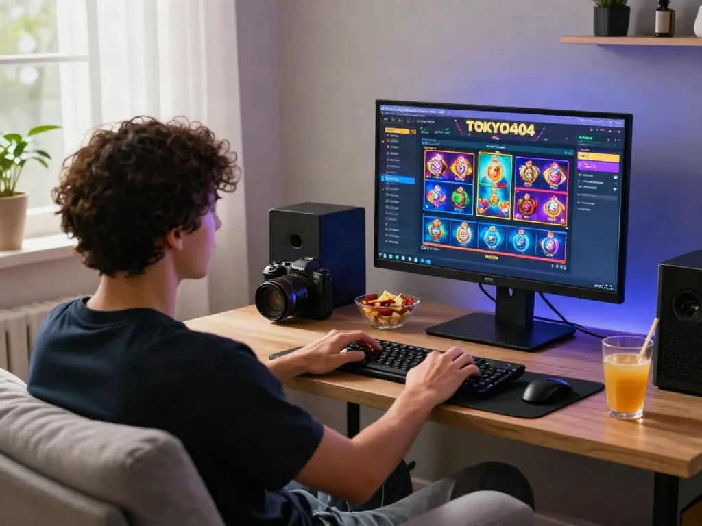 Engaged player enjoying a slot88 game on TOKYO404 platform in a cozy digital gaming setup.