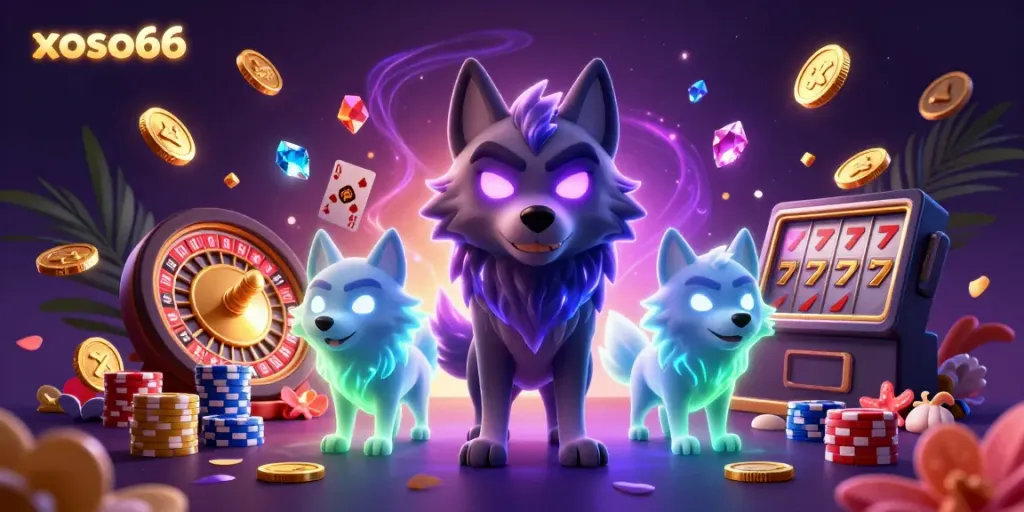 Experience the thrill of xoso66 with a fantastical illustration of a cartoon wolf leader amidst a whirlwind of gambling elements.