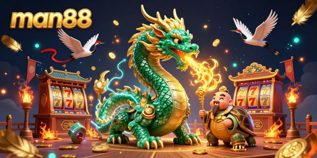 Experience the thrill of man88, where a jade dragon and lucky cranes illuminate the online casino world.