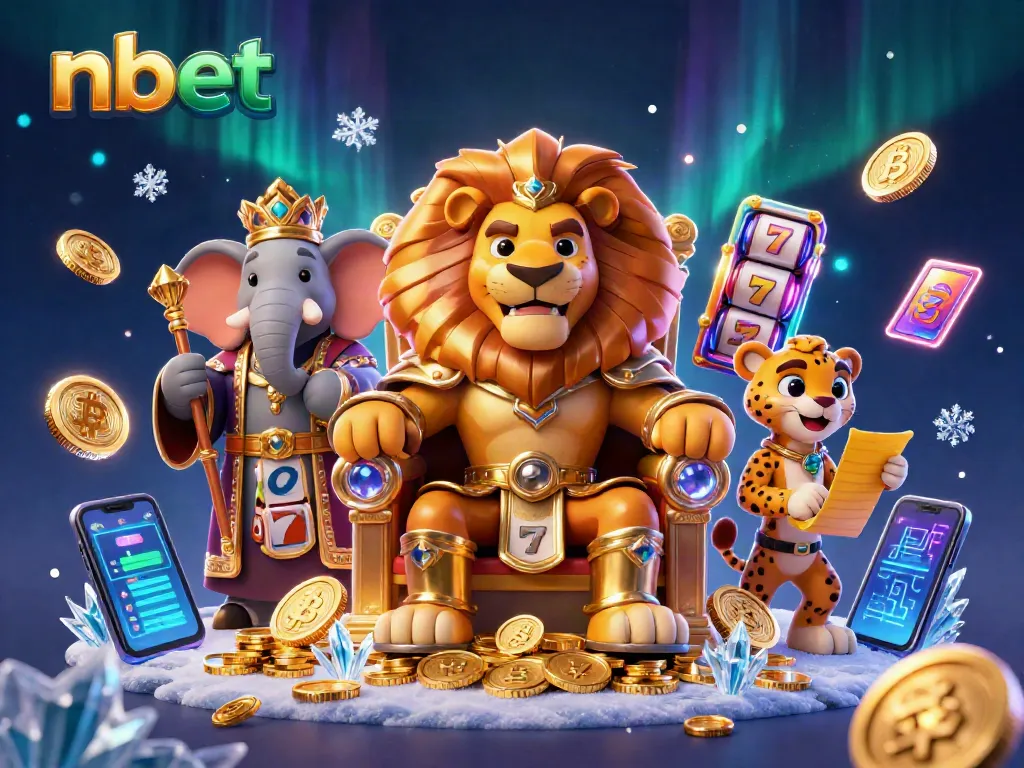 Experience nbet's thrilling gaming environment with cartoon characters amidst vibrant slots and crypto visuals.