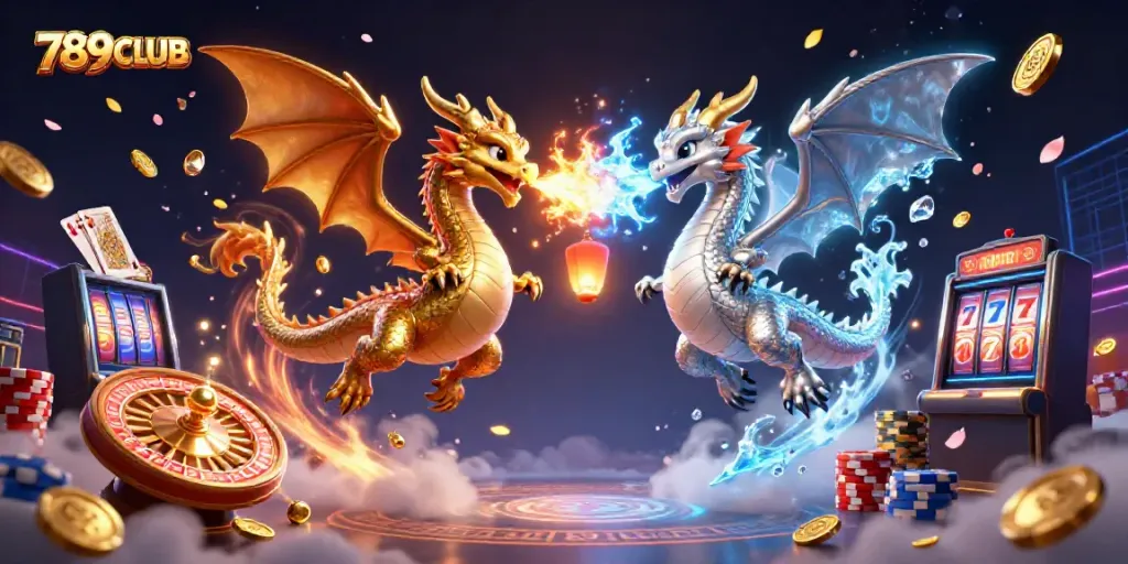 Experience thrilling gameplay at 789CLUB with fiery and icy dragons amidst a cascade of coins and cards.