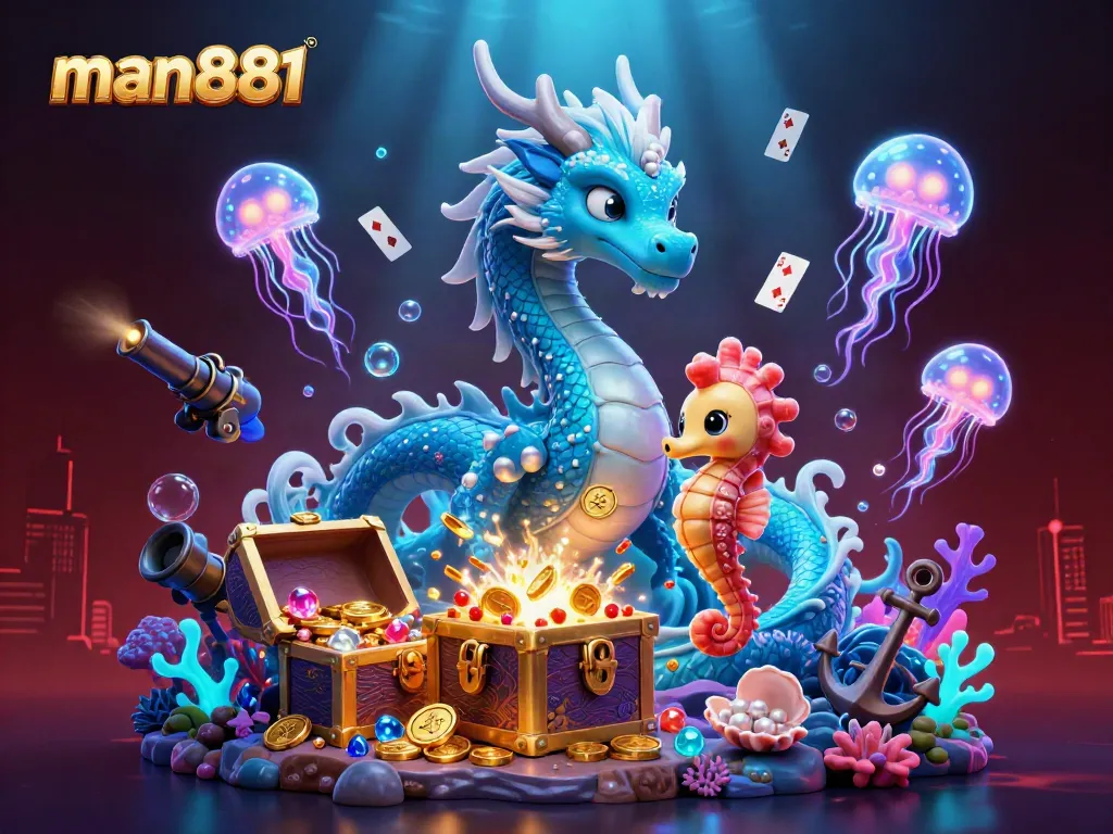 Experience thrilling adventures at man881 with an azure dragon and coral knight amidst glittering treasures.