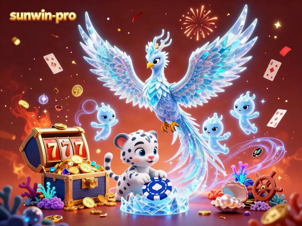 Engage with the vibrant scene at sunwin-pro, showcasing a 3D ice phoenix and playful elements of a thrilling casino atmosphere.