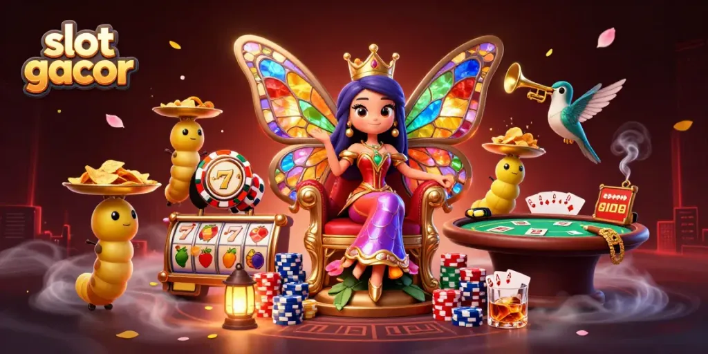 Experience slot gacor excitement with this lavishly illustrated scene featuring a queen and vibrant game elements set in a casino.