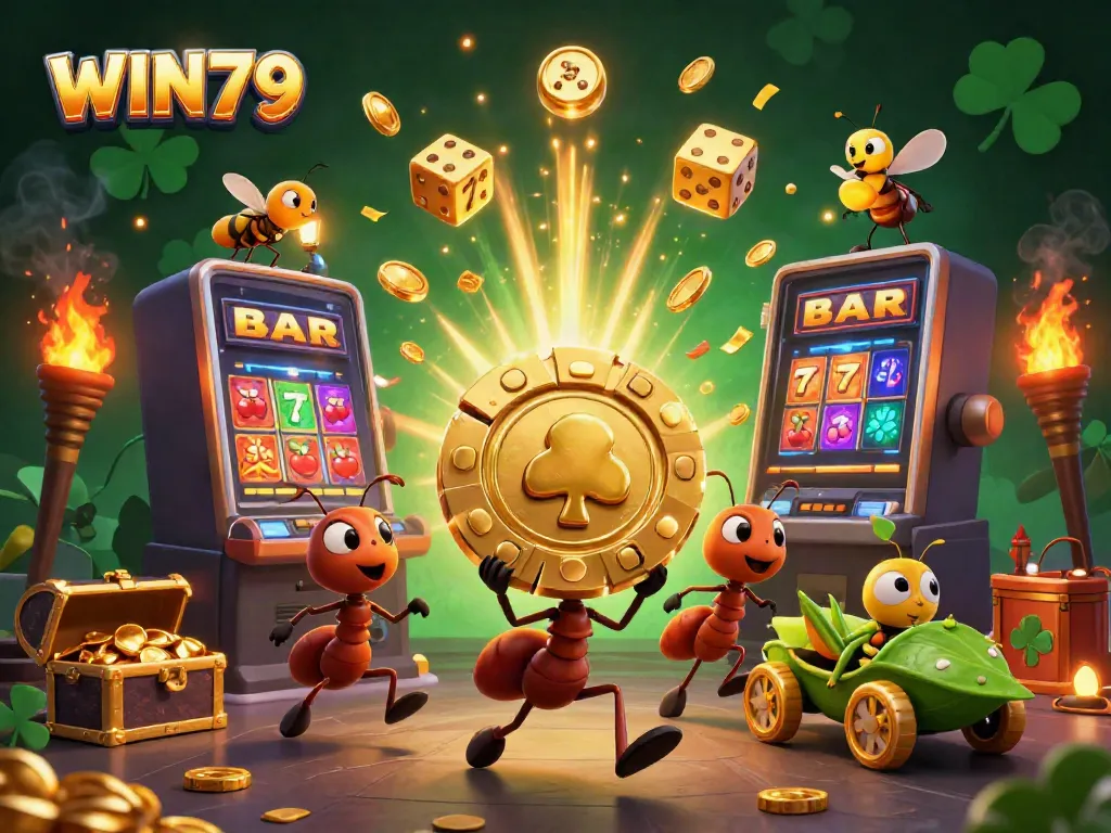 Experience the thrill of WIN79 with playful ants stealing a giant poker chip in a vibrant casino-themed scene.