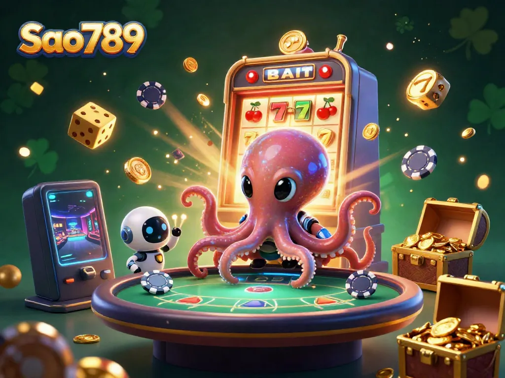 Sao789 alien octopus playing poker with robot while jackpot coins explode around them