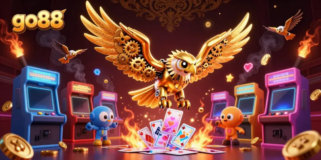 Experience thrilling gameplay at go88 with a cybernetic eagle soaring through holographic cards in a vibrant casino