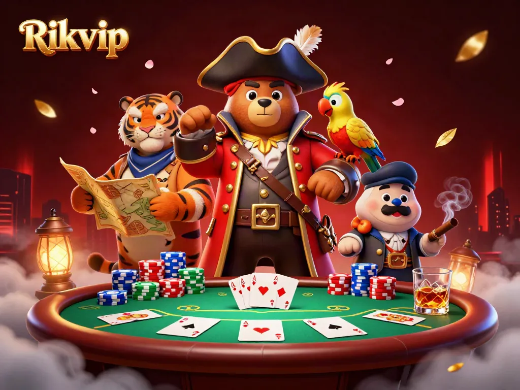 Experience the thrill of Rikvip as a pirate captain bear leads a dynamic poker game.
