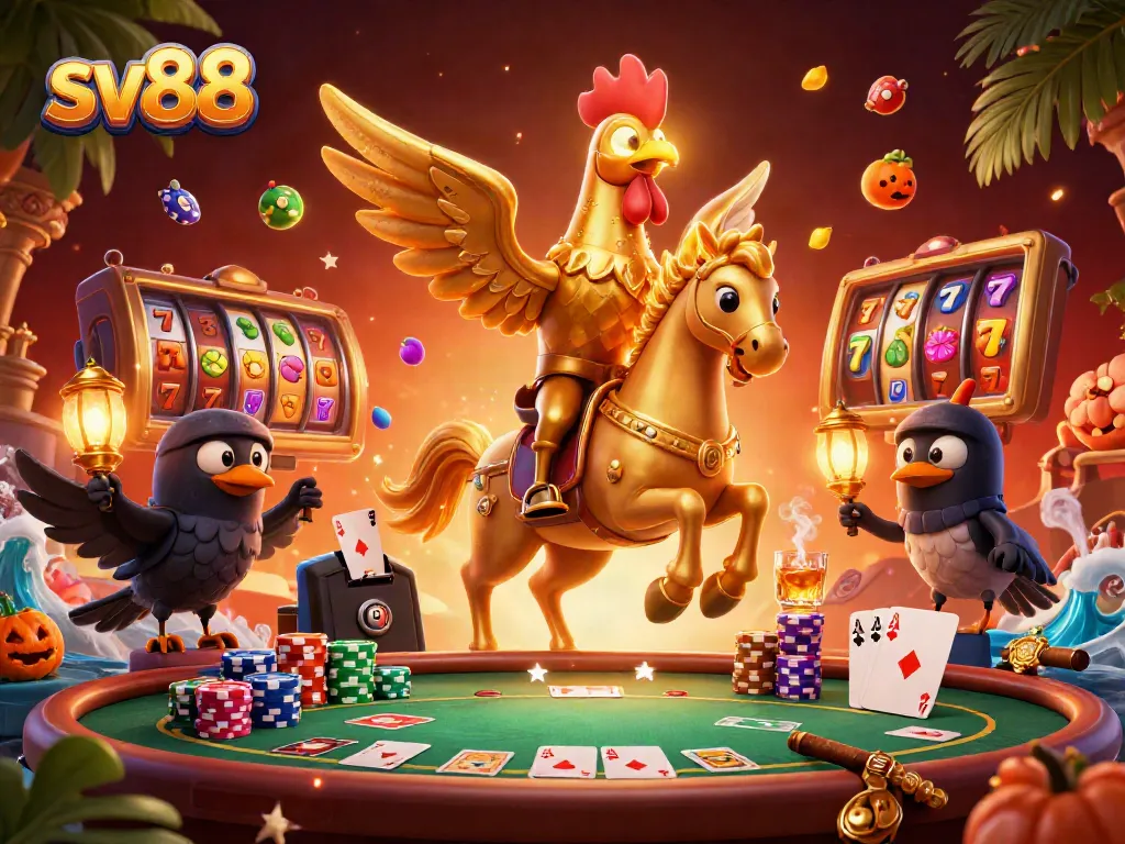 Win big at sv88 with a golden rooster guiding players through a vibrant casino scene