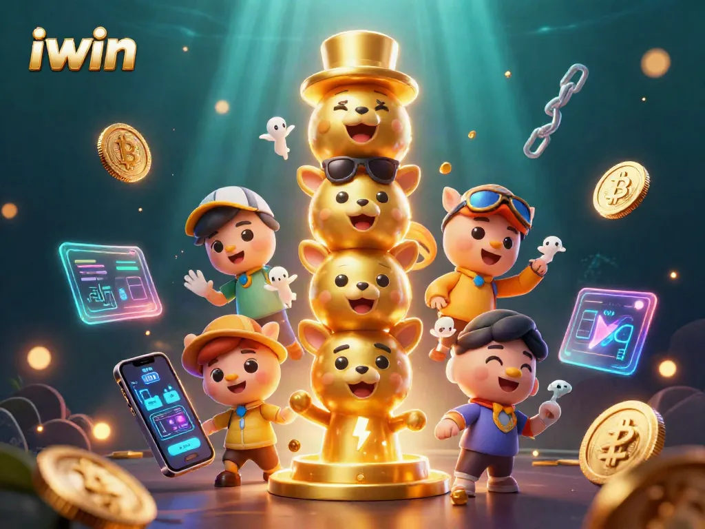 Engage in iwin's dynamic casino environment featuring vibrant crypto elements and whimsical characters.