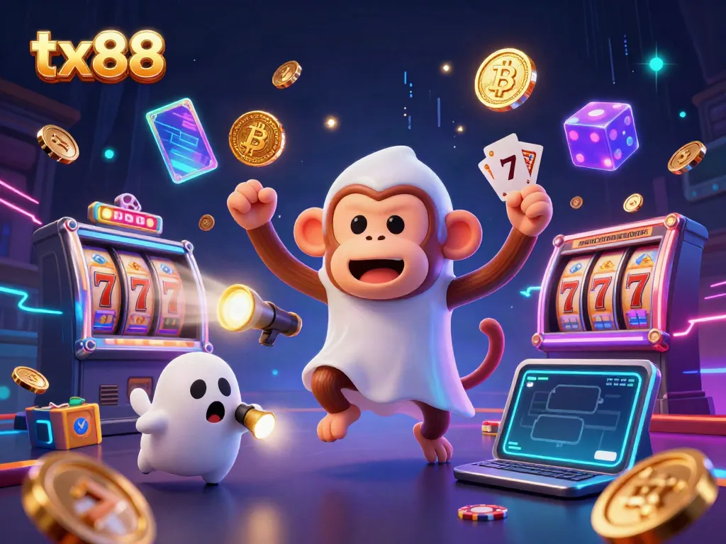 Witness the magic of tx88's haunted casino where a poltergeist monkey juggles treasures amidst thrilling gaming action.