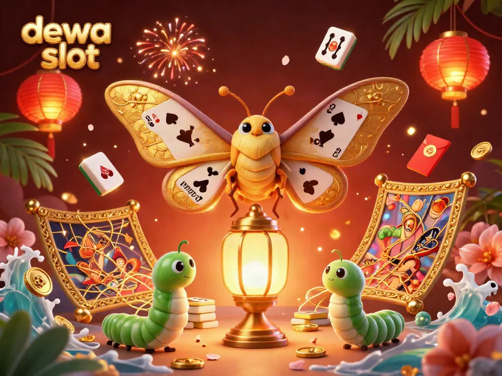 Engage with the vibrant dewa slot gaming experience, featuring golden atlas moths, casino scenes, and rich decorations.