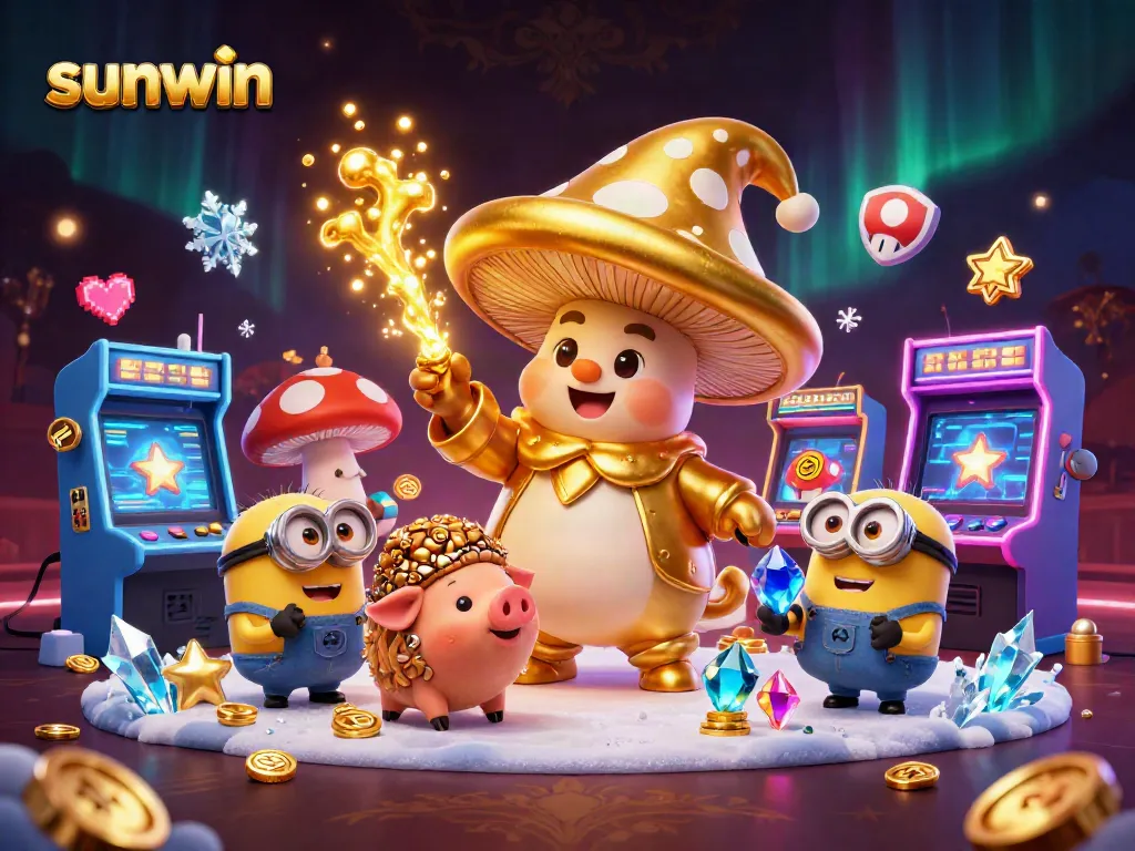 Experience thrilling gameplay with Sunwin's vibrant casino elements, featuring golden treasures and exciting arcade machines.