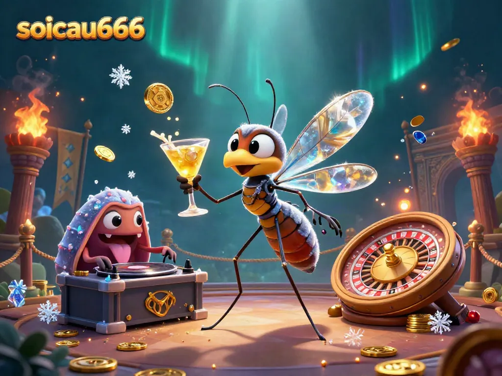 Experience the lively soicau666 casino scene with a frozen mosquito mascot, trilobite DJ, and roulette wheel.