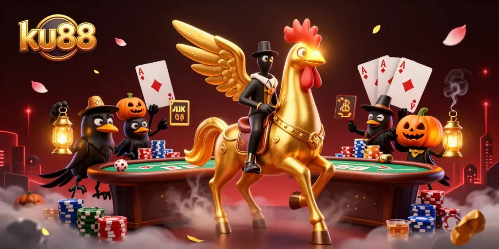 ku88 casino scene featuring a golden rooster and spectral horse, interactive poker elements