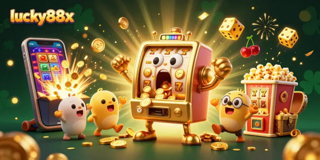 Experience the excitement of lucky88x as a golden slot machine hits the jackpot and coins fly everywhere!