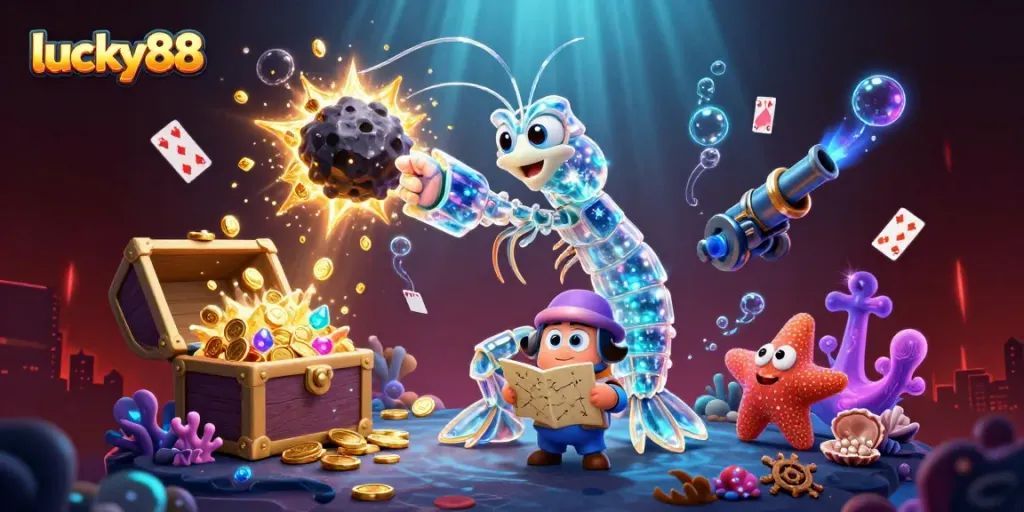 Win big with lucky88's vibrant casino scene featuring fantastical characters and explosive treasures.