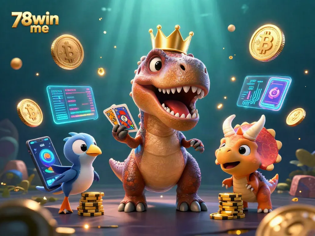 Engage with 78win me in a vibrant 3D casino scene featuring dinosaurs playing cards and stacking chips.