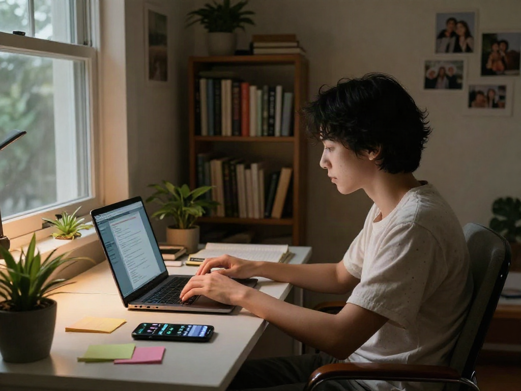 Engaging in nsfw chat in a cozy home office setting with warm lighting.