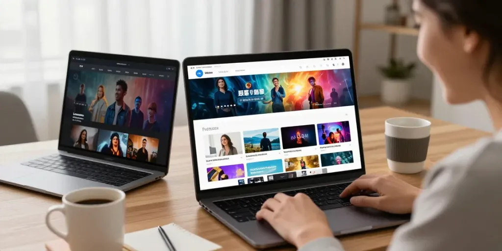 Pengguna terlibat dengan platform bangau88 di laptop dan smartphone, menjelajahi kategori hiburan dengan senyuman.