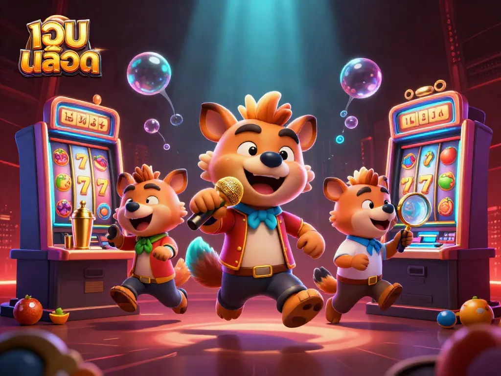 Experience exciting gameplay at เว็บสล็อต with hyenas running a comedy casino club, spinning slot machines in a vibrant scene.