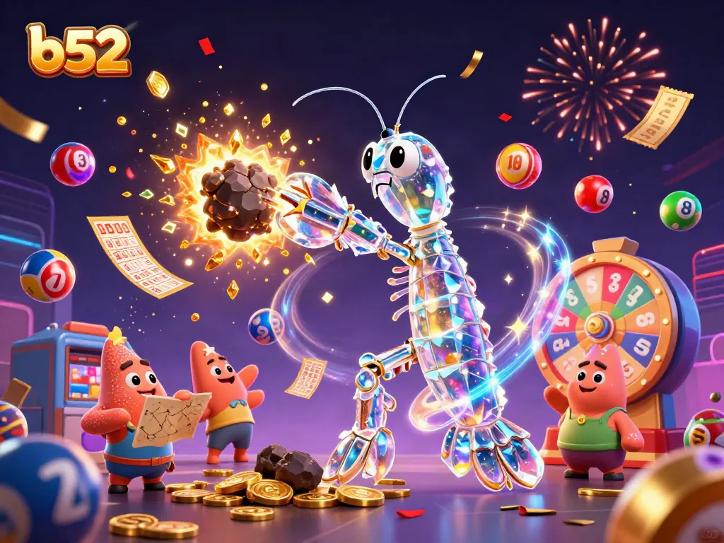 B52 gaming scene with vibrant characters and casino elements exploding with energy.