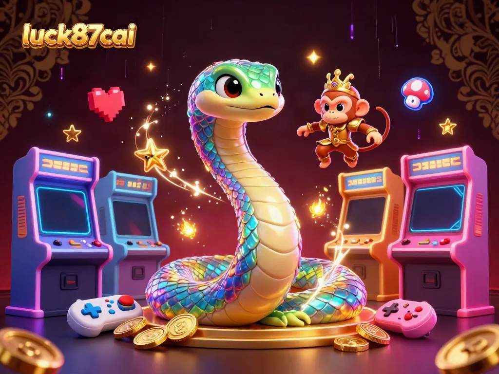 Engage in luck87cai gaming excitement with festive serpent and monkey king illustration