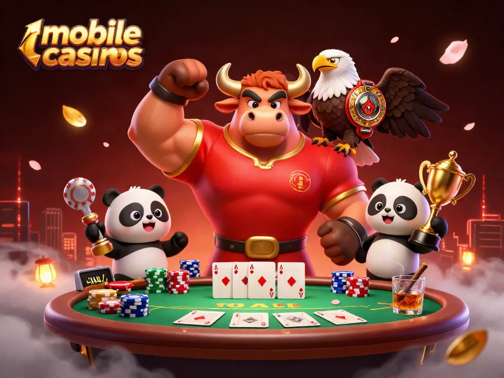 Engage with mobile casinos through this vibrant 3D scene featuring casino characters and dynamic gaming elements.