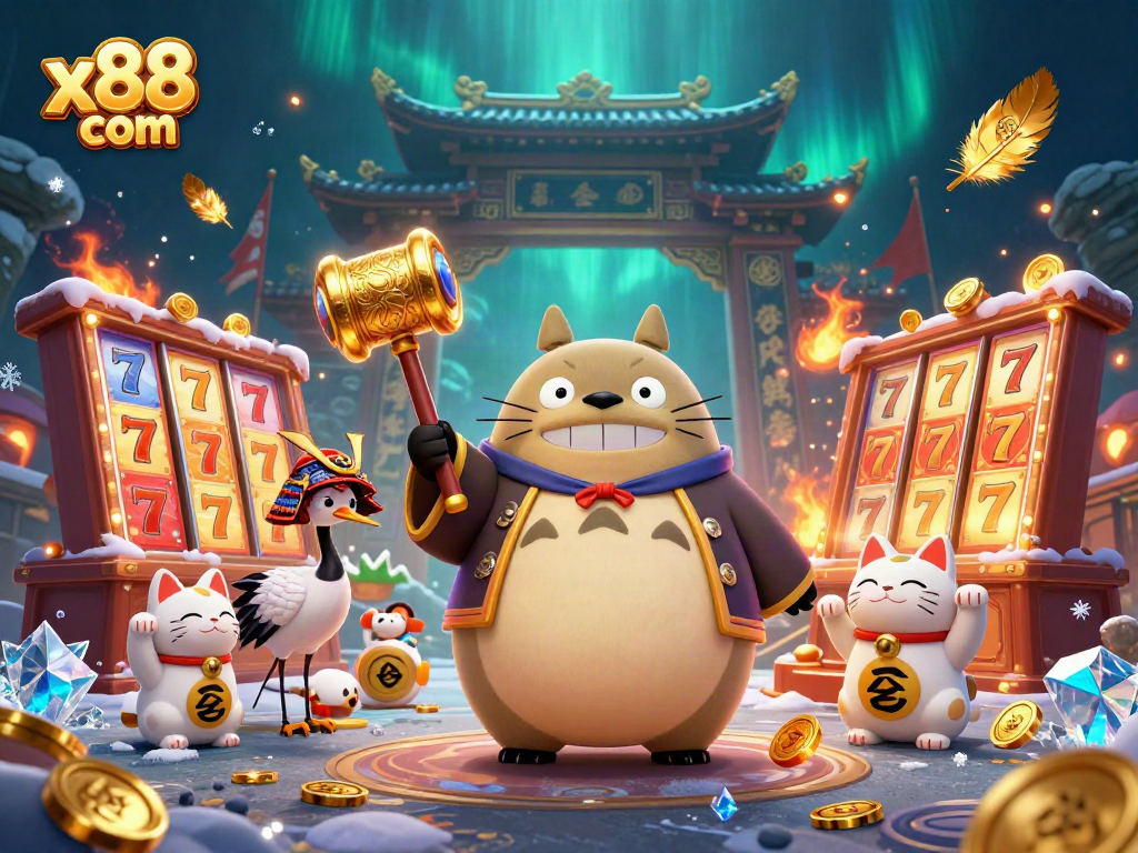 Experience the excitement of x88 com with vibrant slots and cheerful characters in a dynamic casino scene.
