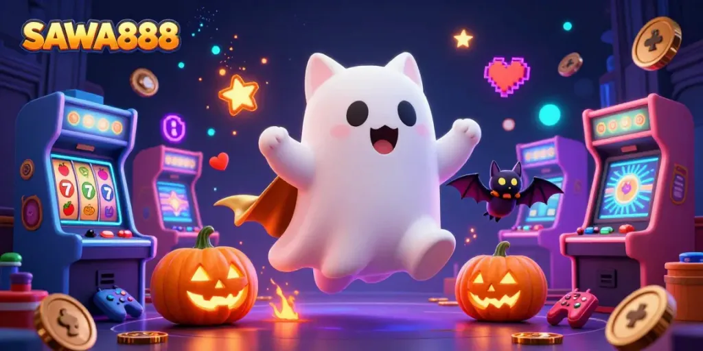 Engage in exciting gameplay with SAWA888 while navigating a haunted casino full of slot machines and mystical characters.