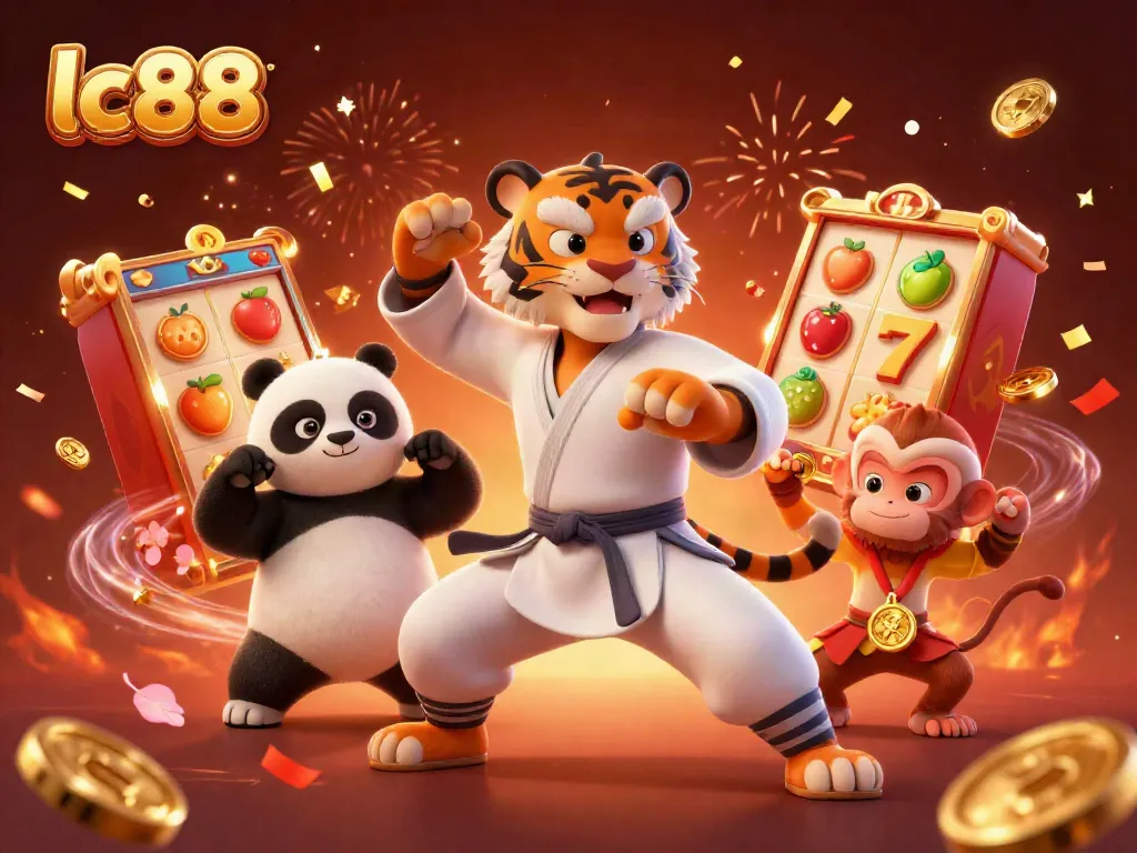 Action-packed scene of lc88 characters engaging with slot reels and celebrating confetti in a vibrant casino setting.
