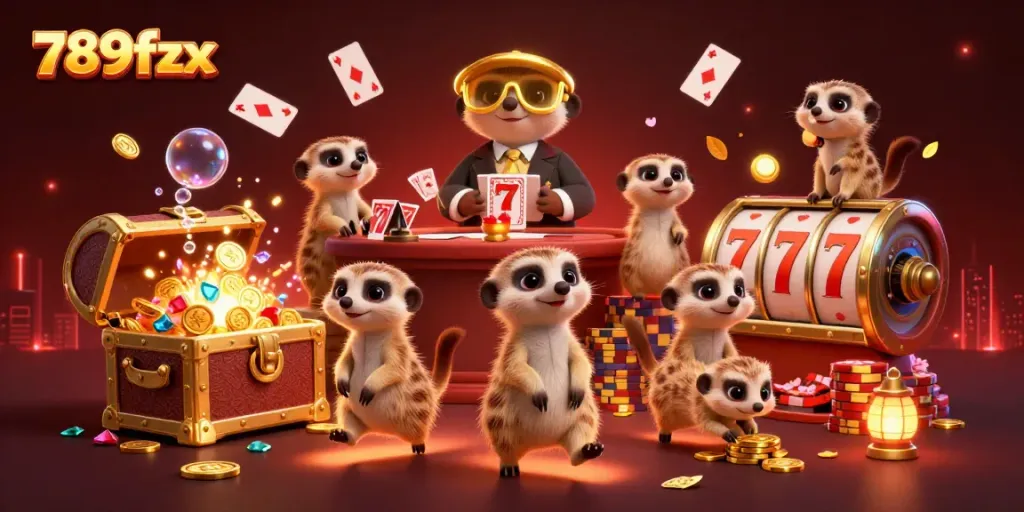 Experience thrilling fun at 789fzx with meerkats managing a lively casino operation.
