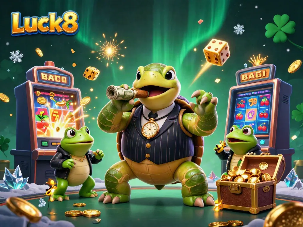 Illustration of Luck8's vibrant casino scene with a snapping turtle mobster and bullfrog enforcers amidst jackpots and gaming symbols.